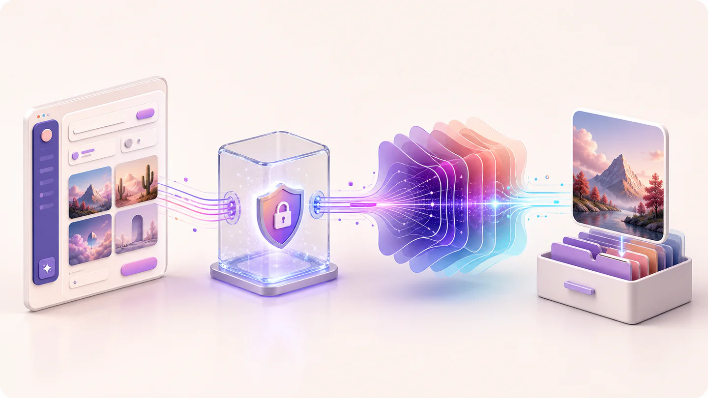 Conceptual Qwen Image 3.0 API workflow from web application through secure server and generation engine to stored image