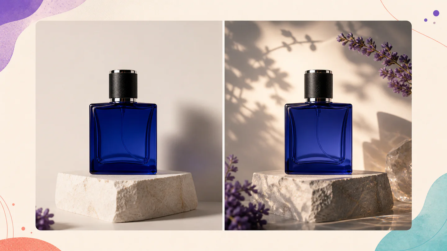 Controlled side-by-side product image comparison using the same bottle, framing and camera angle
