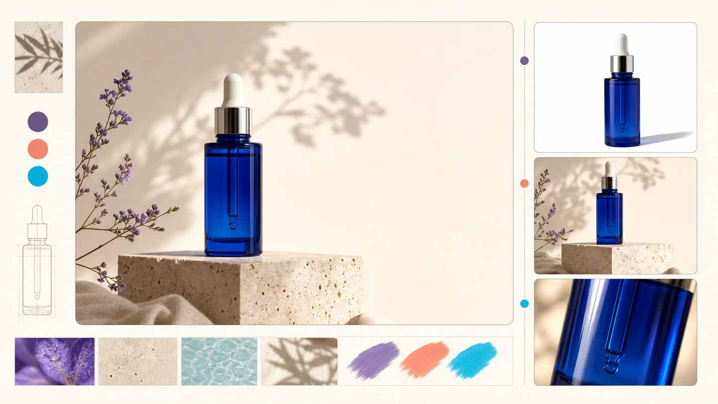 Illustrated ecommerce campaign board showing one cobalt serum bottle adapted to catalog, social and close-up crops