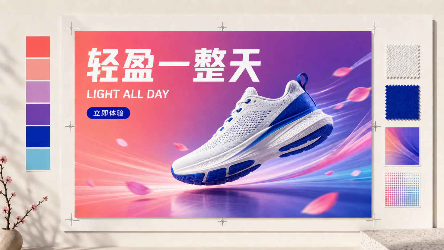 Illustrated multilingual running-shoe poster case with Chinese headline, English subheading and Chinese call to action