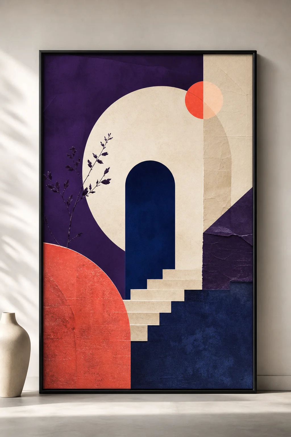 Abstract violet, coral and ivory poster concept in a gallery frame